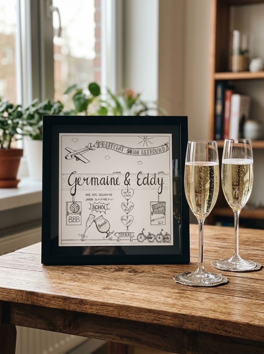 ART-card 'Eenvoud siert' voor Germaine & Eddy met tekeningen van hun 50-jarig huwelijksjubileum, in een zwarte lijst